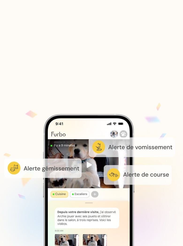 Interface de l'application Furbo Nanny montrant des alertes en temps réel pour les vomissements, les pleurs et les courses, avec un flux vidéo d'un chien.