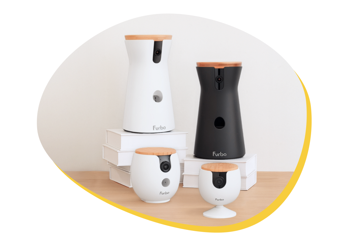 Furbo 360° Dog Camera, Cat Camera,Mini and Mini 360 displayed side by side on stacked books.