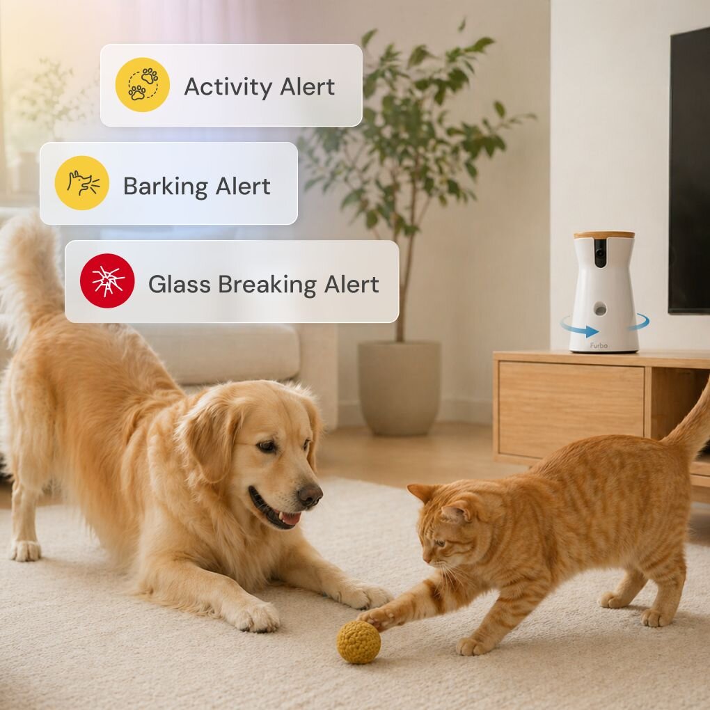 A golden retriever and a ginger cat playing with a ball in a living room, featuring floating notification icons for "Glass Breaking Alert," "Activity Alert," and "Barking Alert."