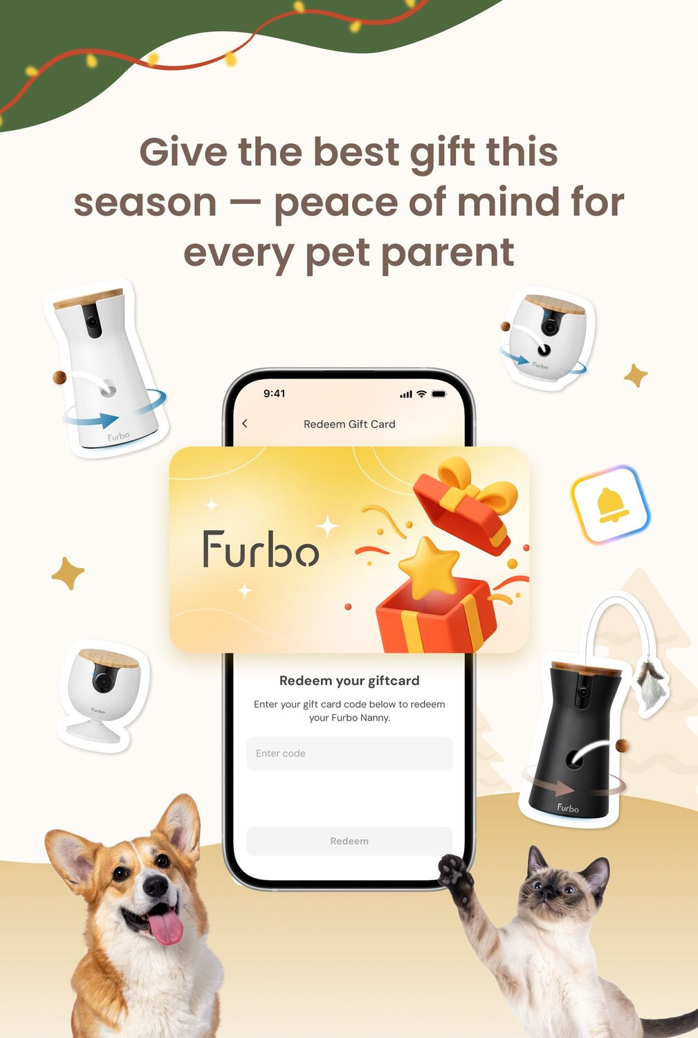 Cat and corgi on white furniture with three Furbo camera models in white and black designs
