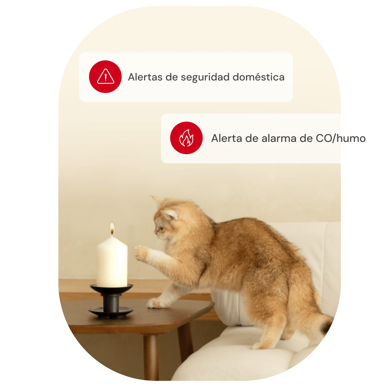 Gato naranja cerca de vela encendida con notificaciones 'Alerta seguridad hogar' y 'Alerta humo