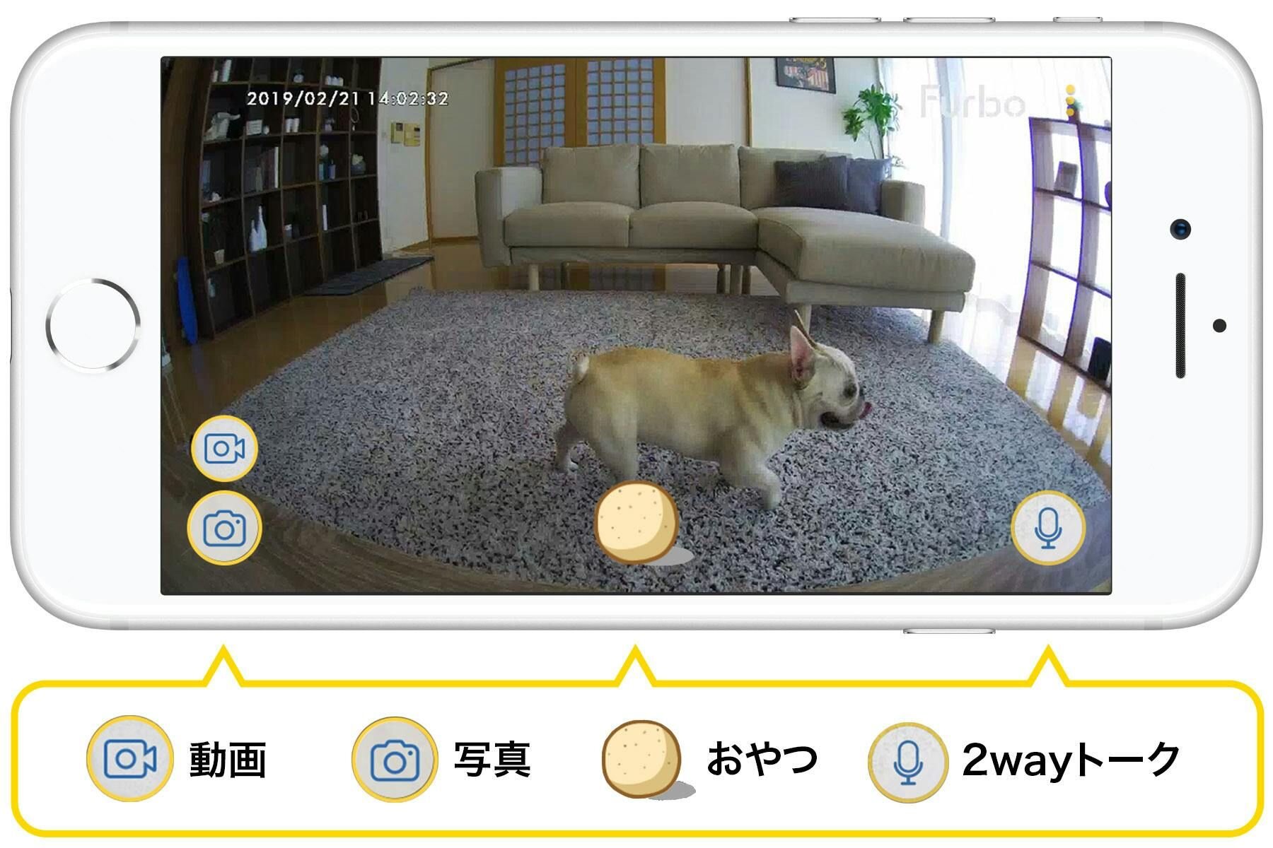 アプリを通して、留守中のワンちゃんにおやつをあげることができます。また、リアルタイム双方向会話機能で留守中のワンちゃんと会話することもできます。