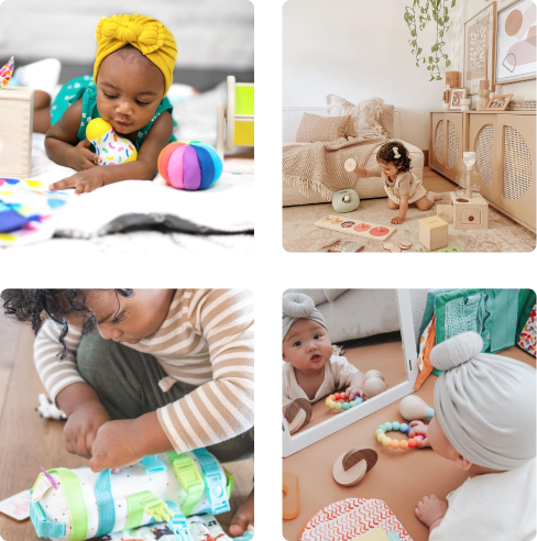 User photos of babies playing with Lovevery Play Kit Playthings