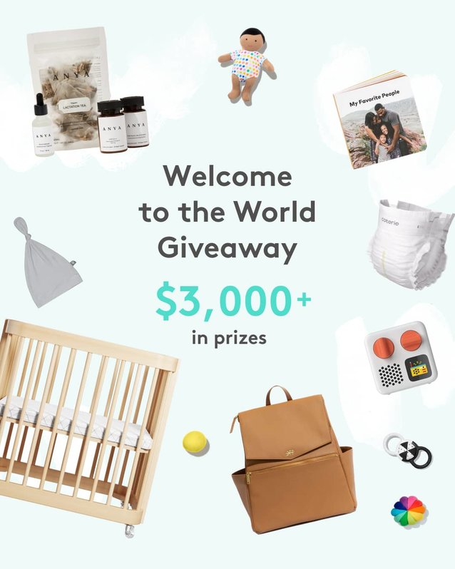 Welcome to the world giveaway banner showing many of prizes