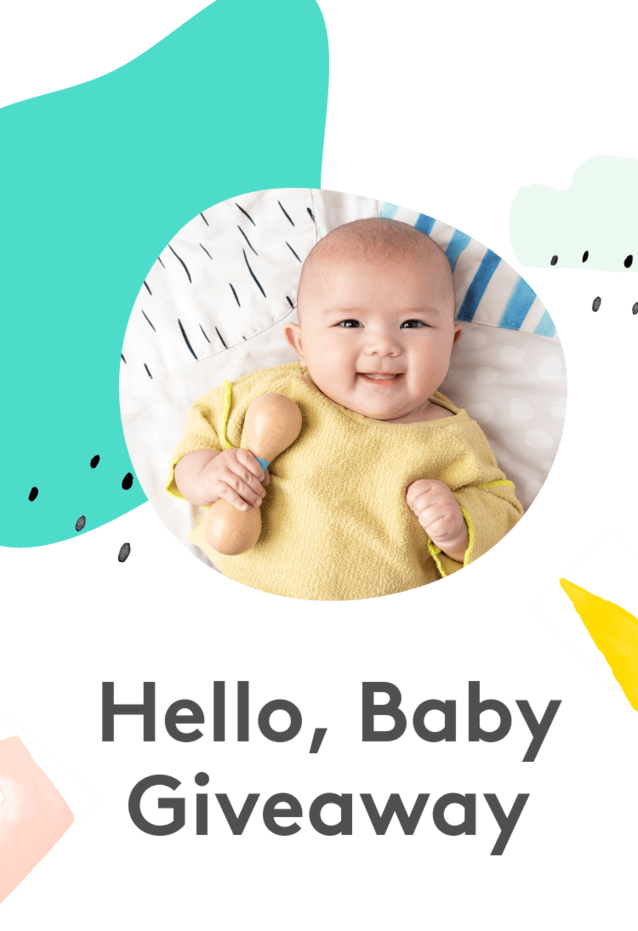 Hello, Baby Giveaway banner showing a child playing with a rattle