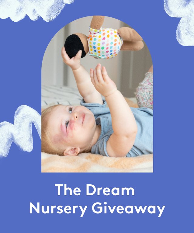 Dream Nursery Giveaway banner showing a child playing with a doll