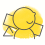 Illustrated icon with yellow background of child with building blocks