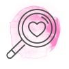  Illustrated icon with pink background of magnifying glass with a heart in the center