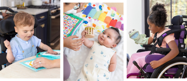 Photo collage of young children playing with Lovevery playthings