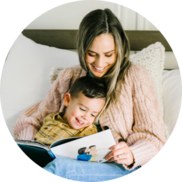 Mother and child reading Chatbook photo book