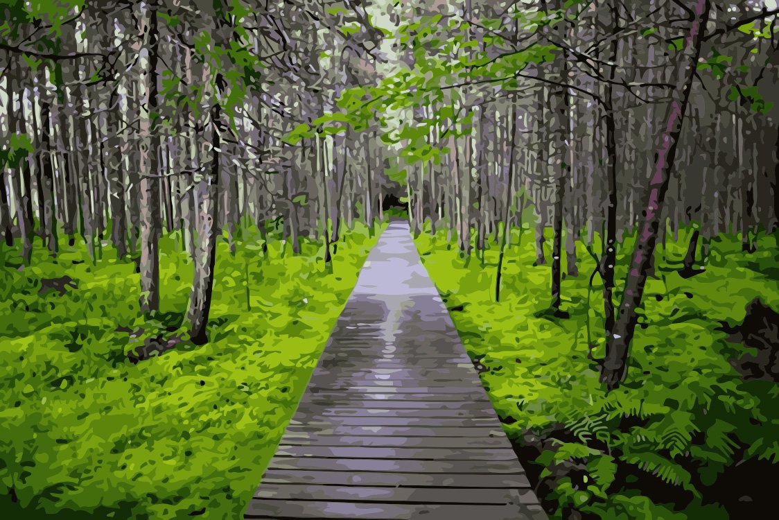 A paint by numbers painting of a walkway through the woods