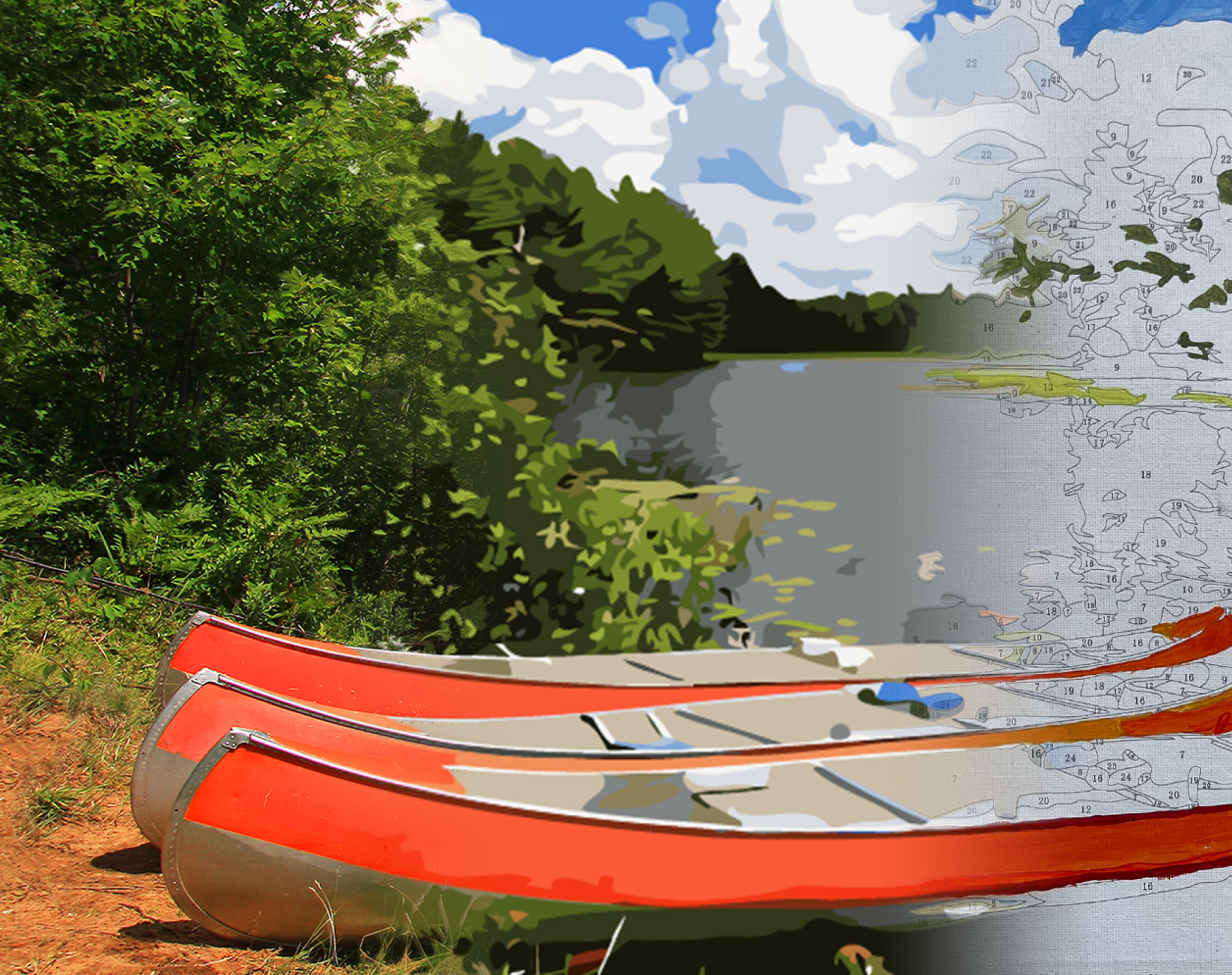 Canoes docked on shore. The right half of the image becomes a paint by numbers canvas.