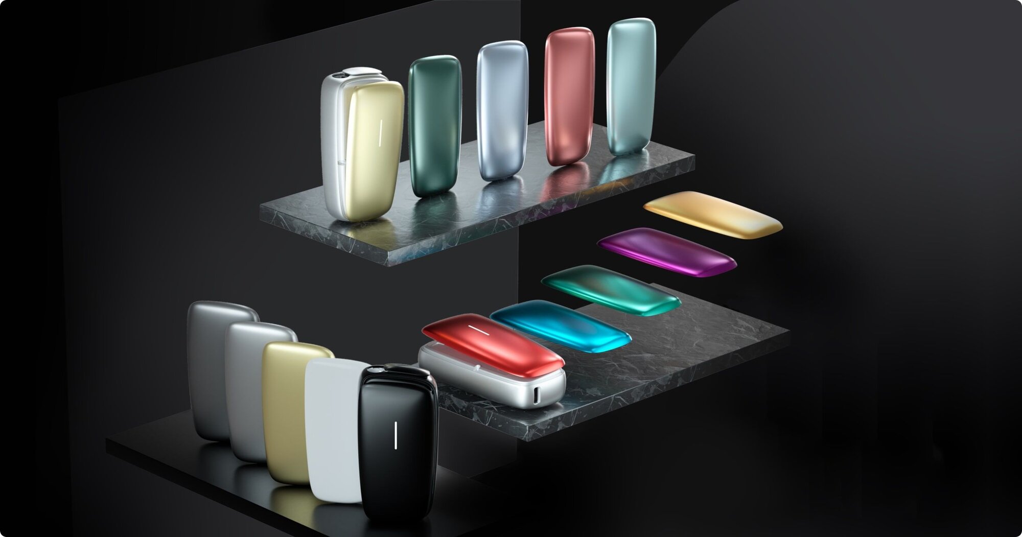 Výber predných krytov pre Ploom X Advanced v rôznych farbách - čierne pozadie