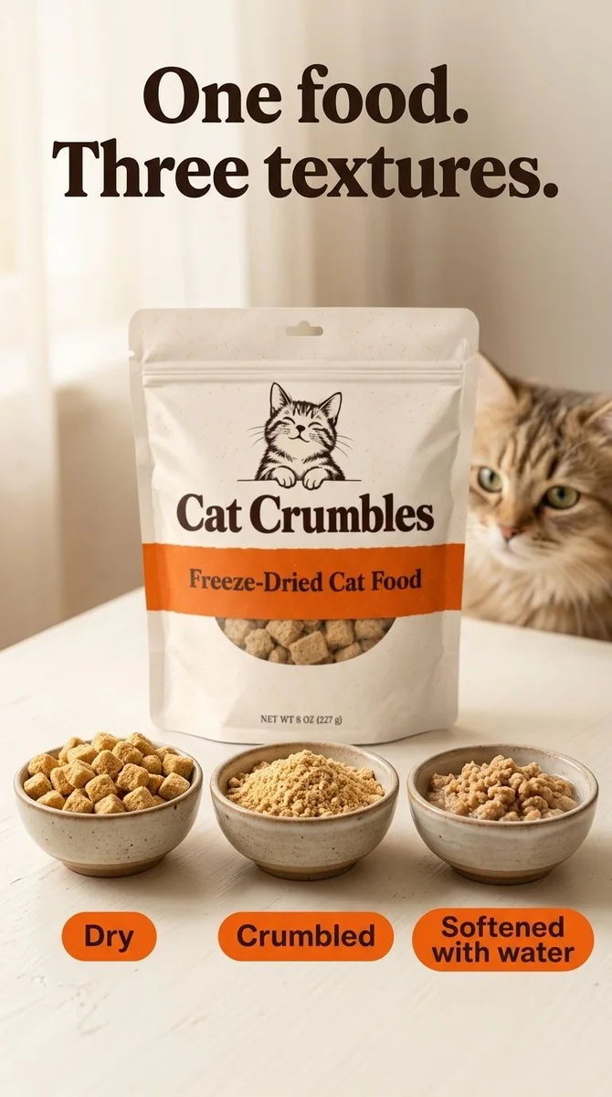 Cat Crumbles bags in dry, crumbled, and softened bowls