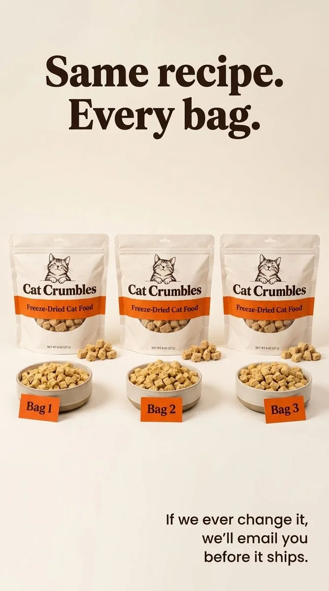 Three Cat Crumbles bags labeled Bag 1, Bag 2, and Bag 3, each beside a bowl of food
