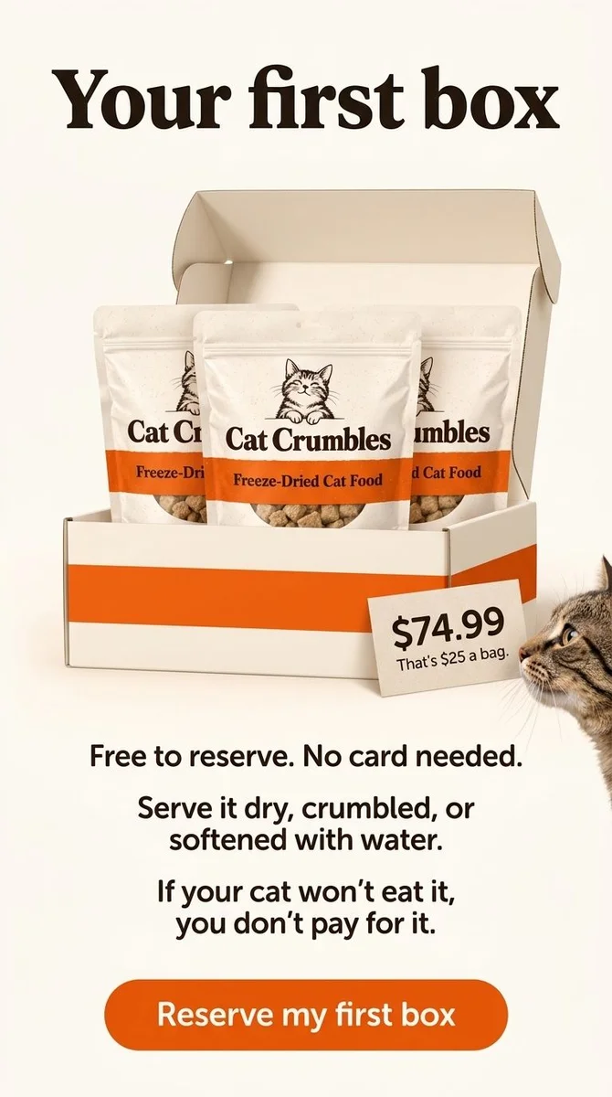 Open Cat Crumbles box holding three bags with a $74.99 price