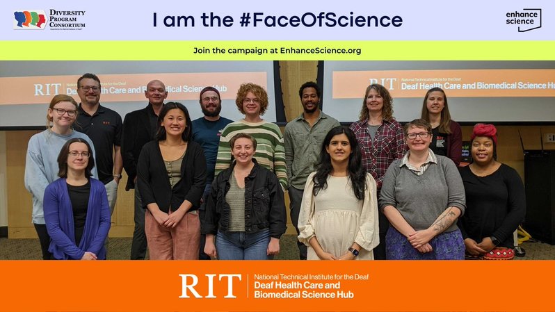 Group photo of 14 students from the NTID Deaf Hub overlaid on a zoom background that says “I am the #FaceOfScience”