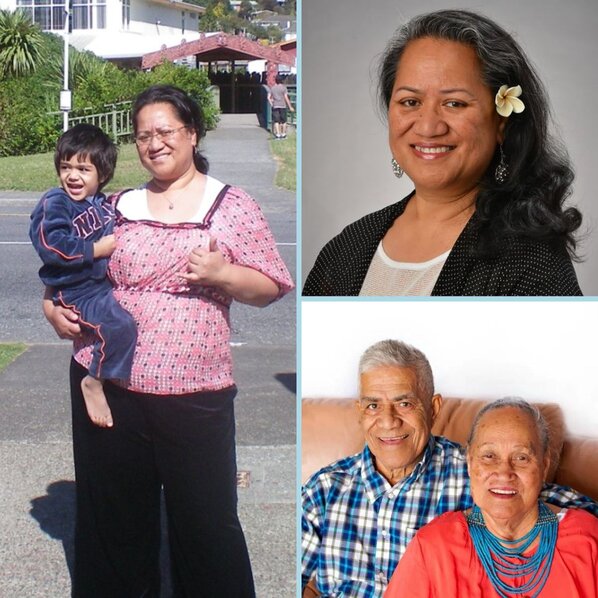 Collage of photos including Halaevalu Vakalahi holding her young son, professional headshot of Vakalahi and photo of Vakalahi’s parents.