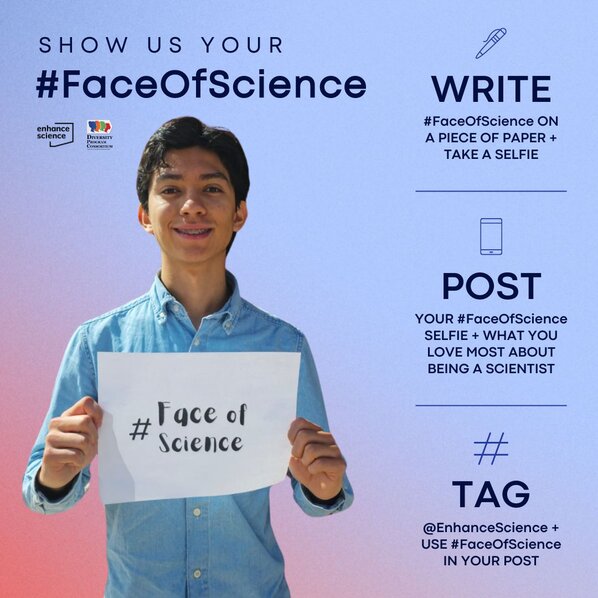 Ramon Holquin holding a sign with #FaceOfScience written on it.
