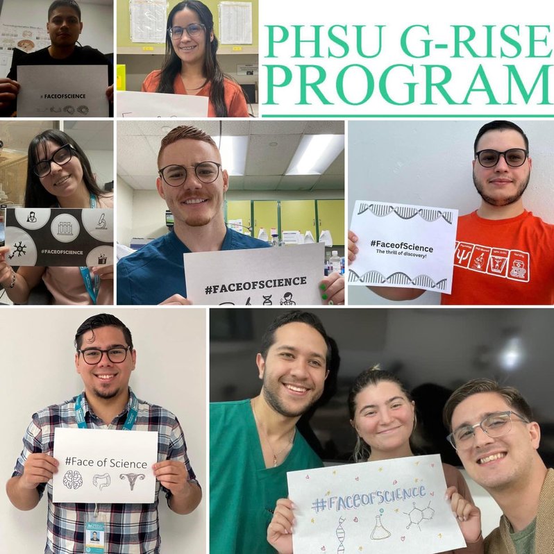 A collage of images of PHSU G-RISE Program trainees all holding #FaceOfScience signs