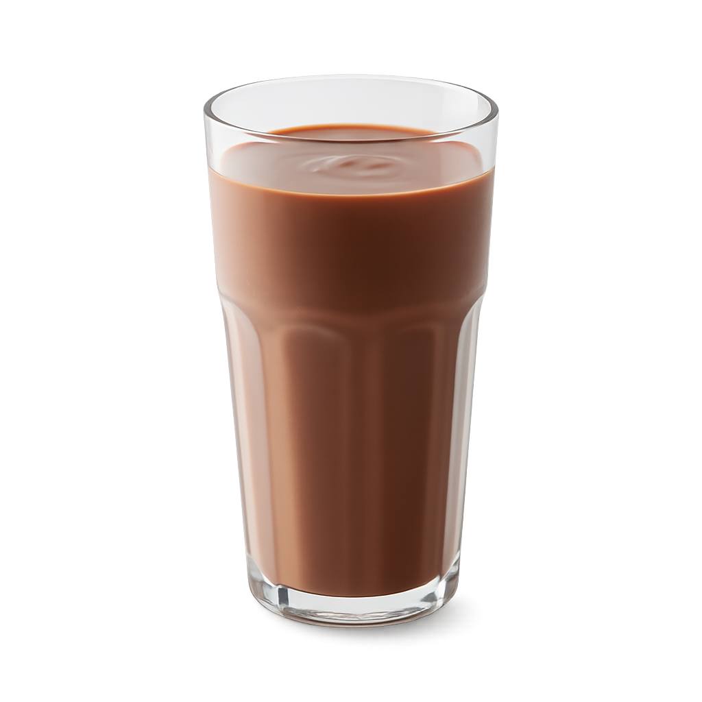 Clear glass filled with a chocolate-colored shake.