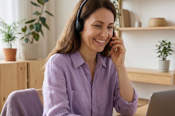 Happy customer service woman talking to a customer on her headset