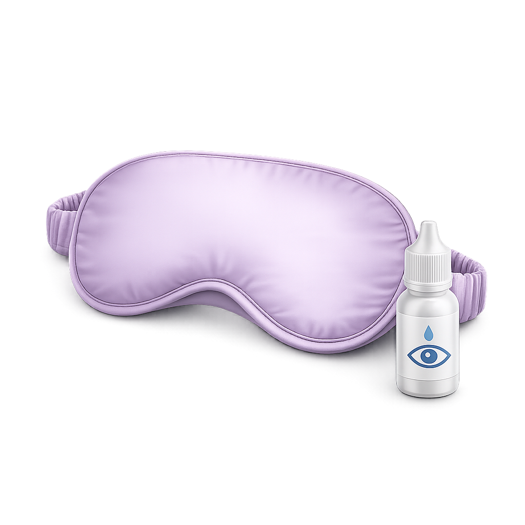 Light purple eye mask next to a small bottle of eye drops with a blue eye icon.
