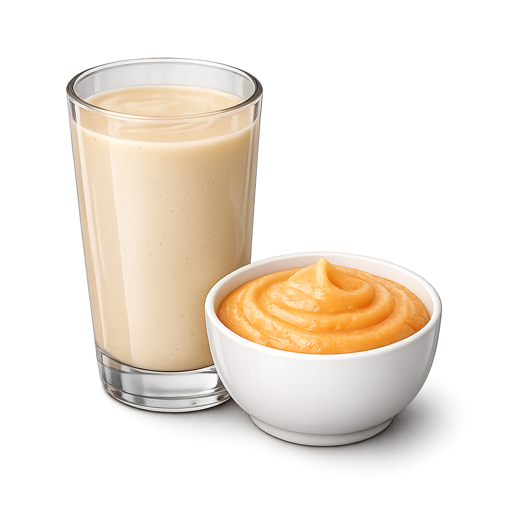 Clear glass filled with a light beige liquid next to a white bowl of orange puree.