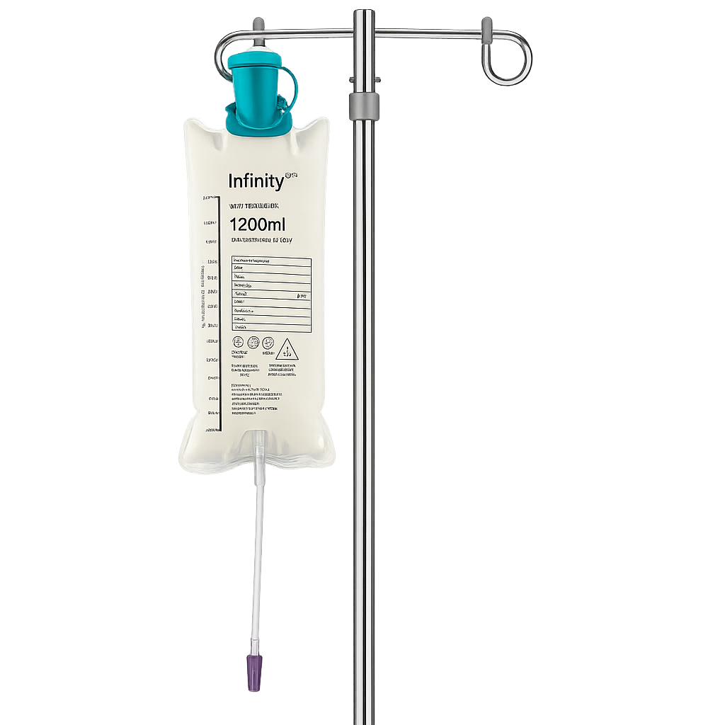 IV pole with a hanging feeding bag and attached tubing.
