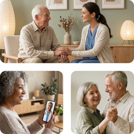 Three images of a caregiver comforting a happy senior man, a senior woman talking to a doctor on her cell phone, and a happy senior couple dancing