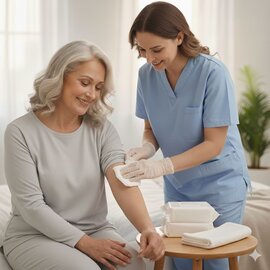Photo of a caregiver wiping her care recipients arm.