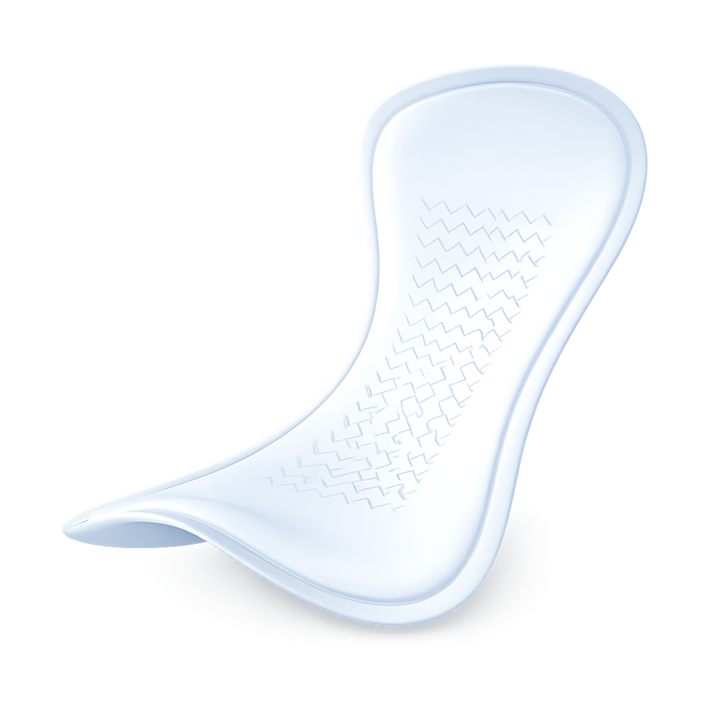 White incontinence pad with a contoured shape.
