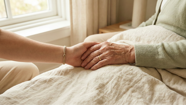 Caregiver holding her mother's hand in comfort