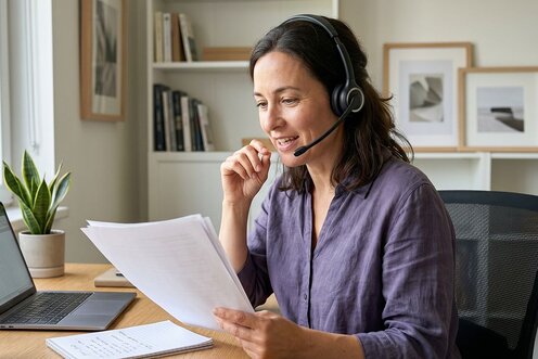 Friendly, professional woman sitting at her desk. She is wearing a headset and speaking on the phone while reading documents.