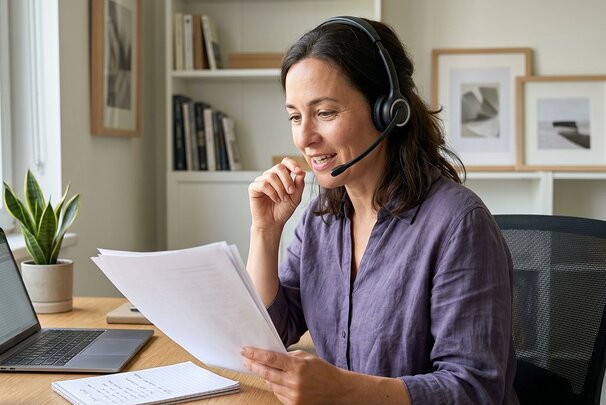 Friendly, professional woman sitting at her desk. She is wearing a headset and speaking on the phone while reading documents.