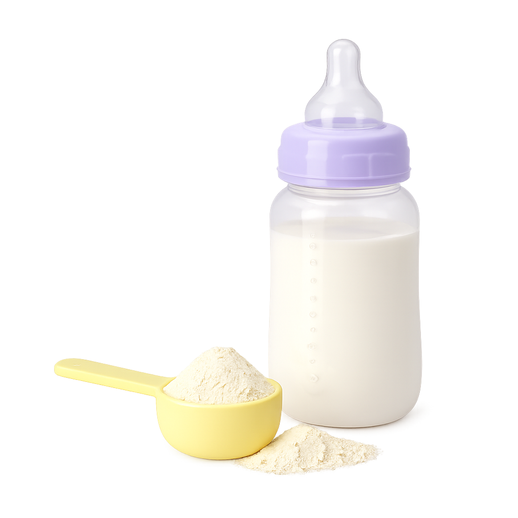 Clear baby bottle filled with liquid next to a scoop of formula powder.