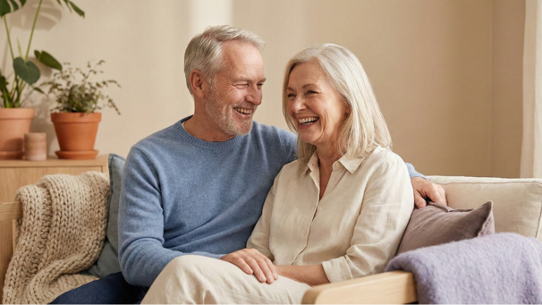 Man and woman sitting on their couch having a pleasant conversation