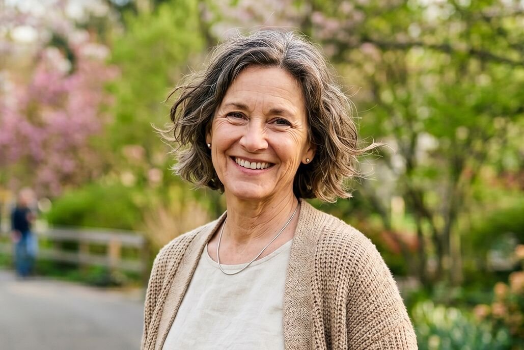 Happy older woman smiling at the camera with a park scene behind her