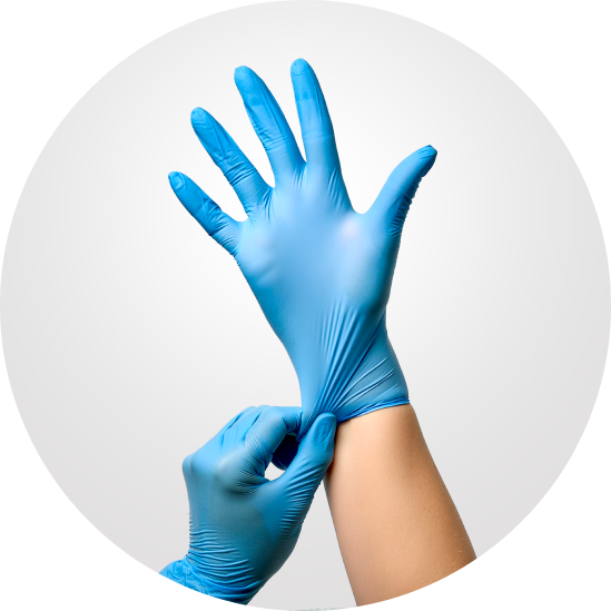 Image of two hands wearing blue disposable gloves.