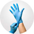 Image of two hands wearing blue disposable gloves.