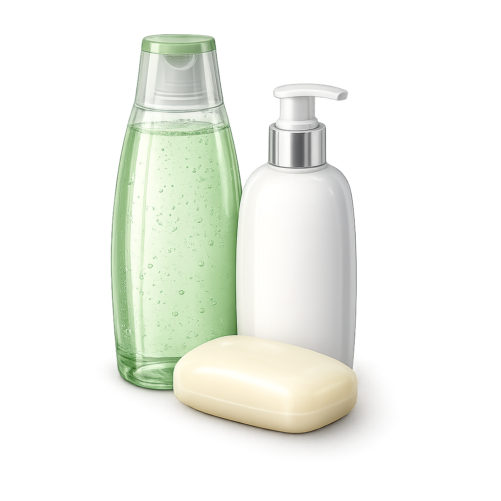 A bottle of green translucent body wash, a white lotion pump bottle, and a bar of soap.