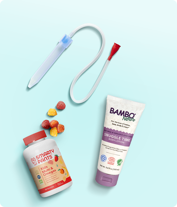 Collage of baby health products, including vitamins and body wash