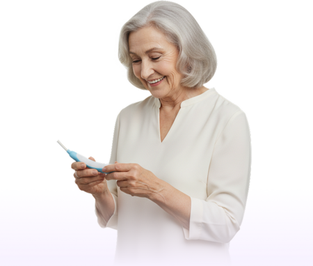 Woman holding blue PureWick catheter