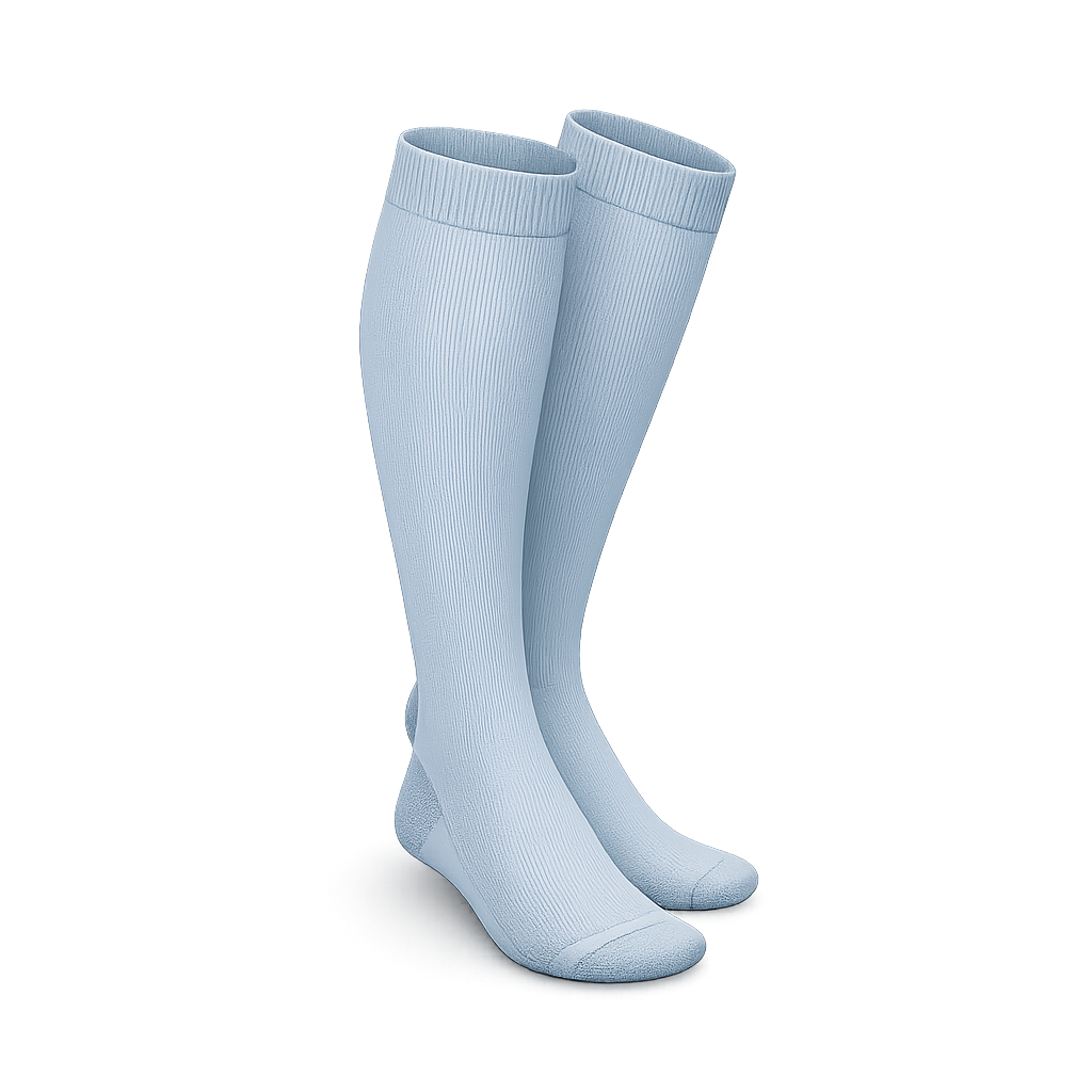 Pair of light blue knee-high socks.