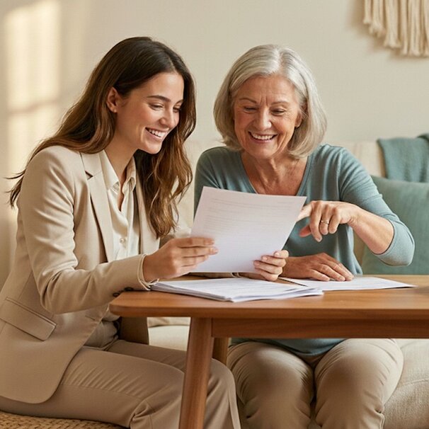 Friendly, professional woman speaking with a relaxed senior man. Above the woman it says "Your Care Concierge" with an arrow pointing to her.