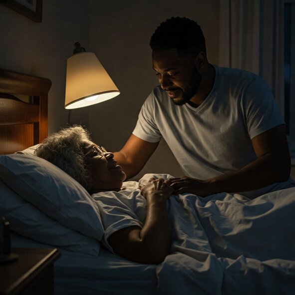 Image of a man caring for a woman in bed.