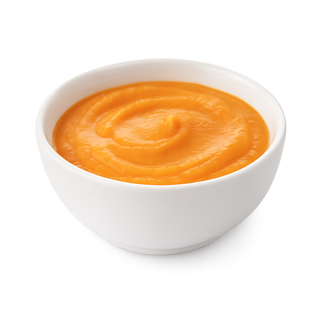 White bowl filled with orange-colored pureed food.
