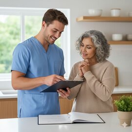 Photo of nurse explaining documents to a woman.