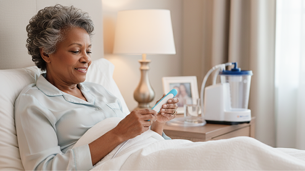 Woman holding the PureWick female catheter in bed