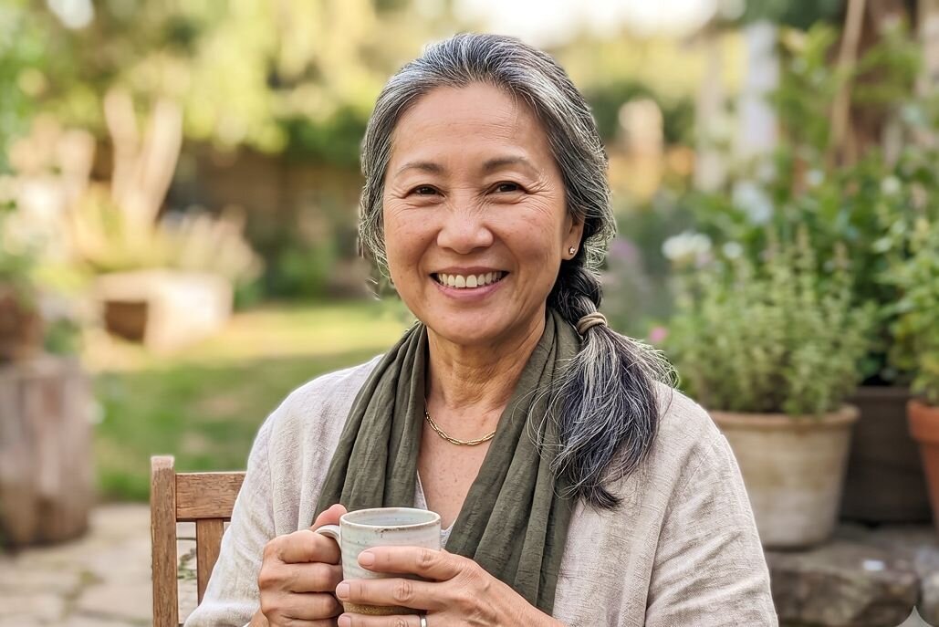 Happy woman smiling at the camera with a garden scene behind her